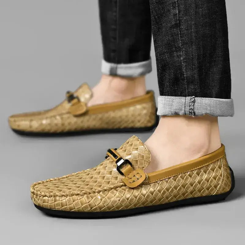 Arlento altın örgü deri loafer, günlük erkek ayakkabı ve şık tokalı detay ile