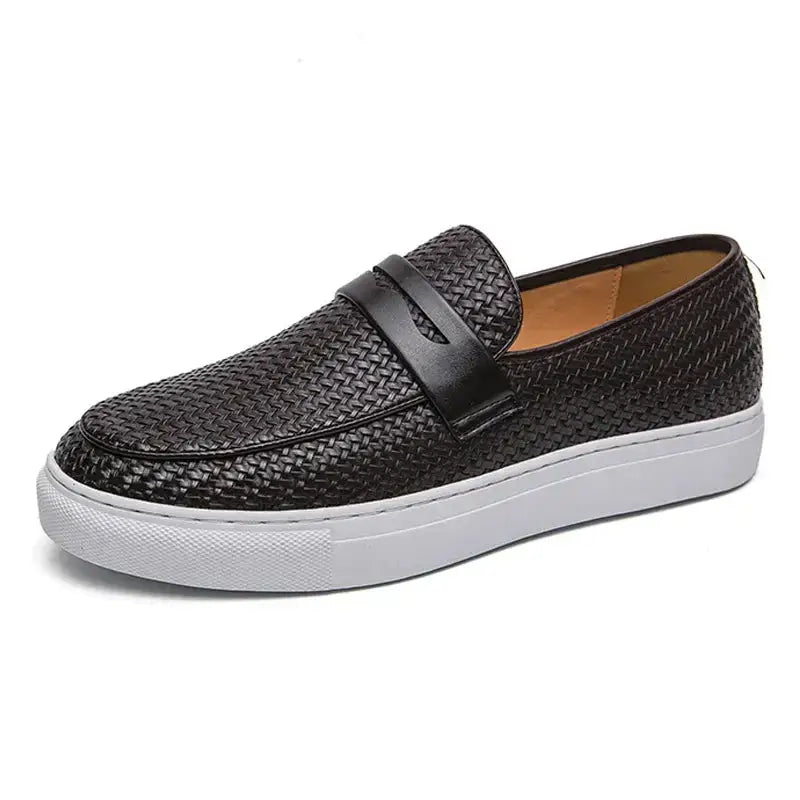 Benero erkek günlük siyah dokuma deri penny loafer, beyaz lastik tabanlı