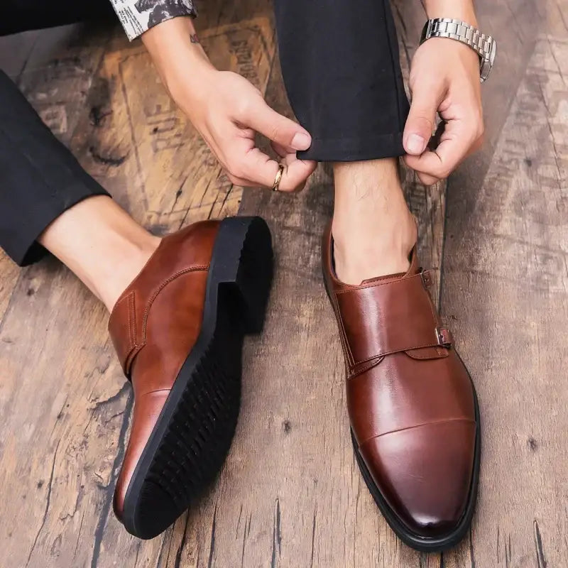 Cavon Rugan erkek kahverengi deri monk strap ayakkabılar