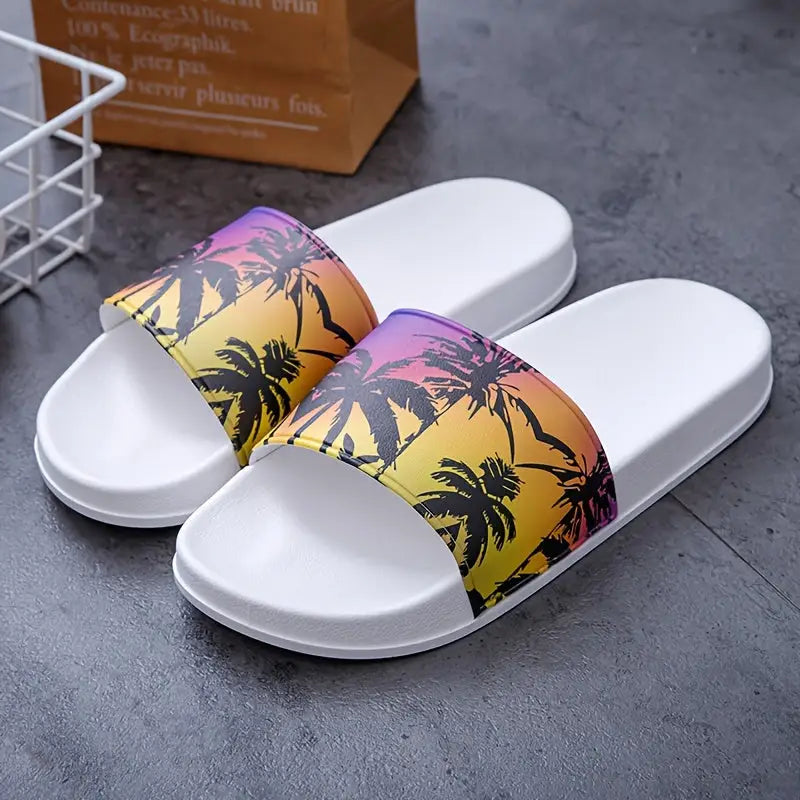 Tropikal palmiye deseni ile beyaz slide terlik, Elitwalk Coconut erkek terlik