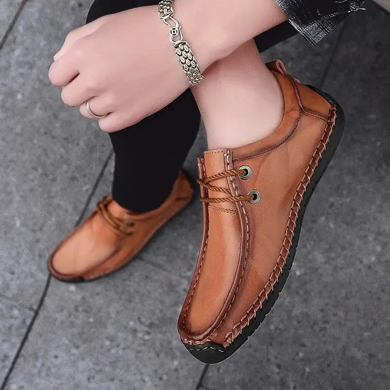 Dalin erkek loafer, kahverengi deri mokasen, dikişli ve bağcıklı tasarım