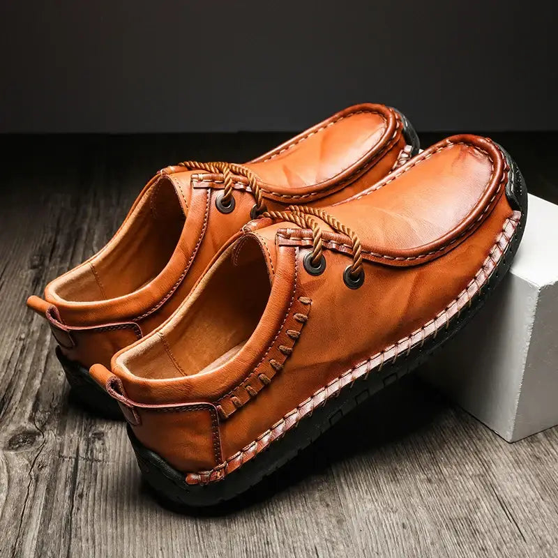 Dalin erkek loafer, el yapımı dikişli ve bağcıklı tasarıma sahip kahverengi deri ayakkabılar