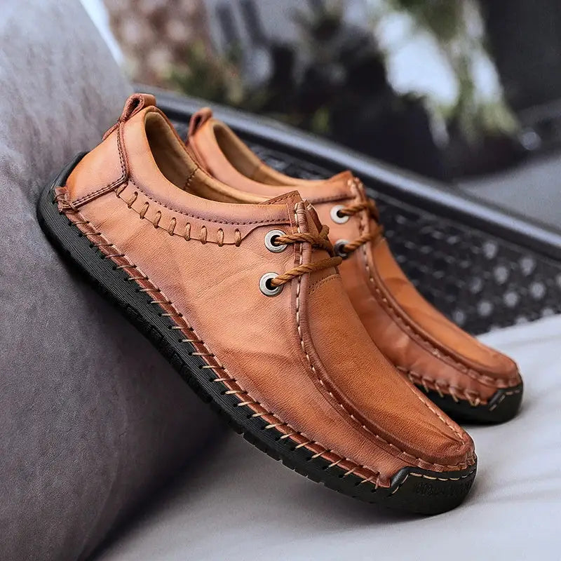Dalin erkek loafer tan deri mokasen tarzı gündelik ayakkabılar ve dikişli tabanlar