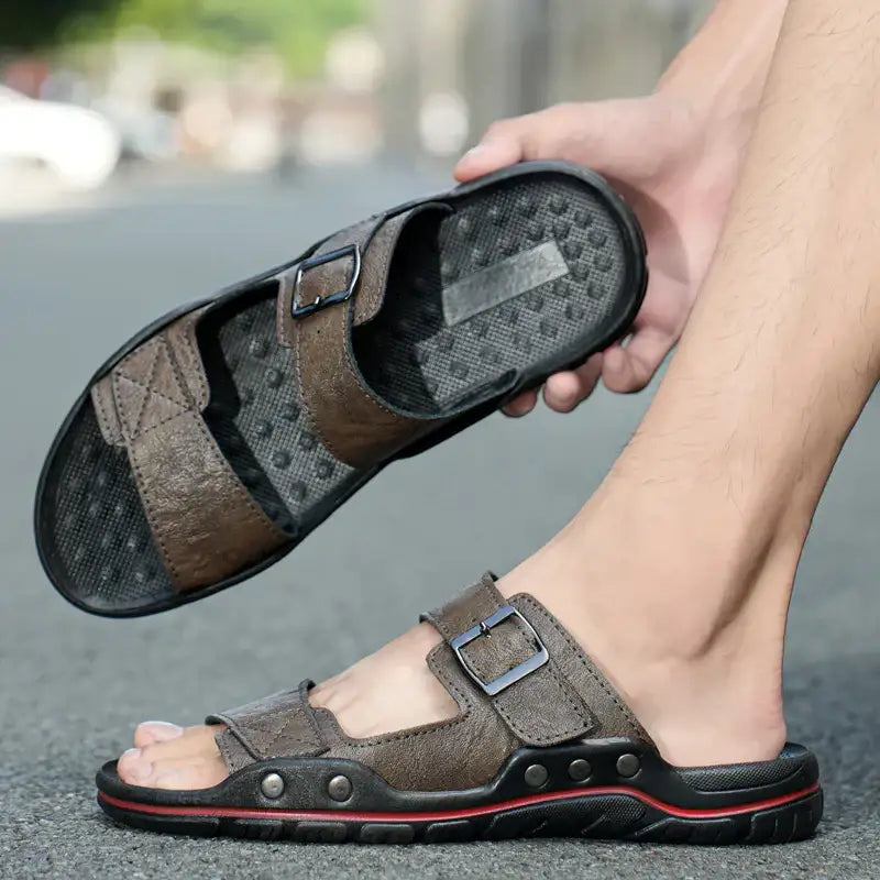 Faron erkek sandalet, toka kayışlı kahverengi deri sandalet, dokulu taban