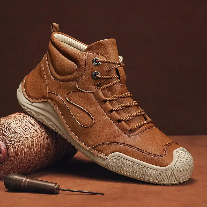 Garex erkek günlük kahverengi deri yüksek topuklu sneaker, kauçuk tabanlı ve bağcıklarıyla