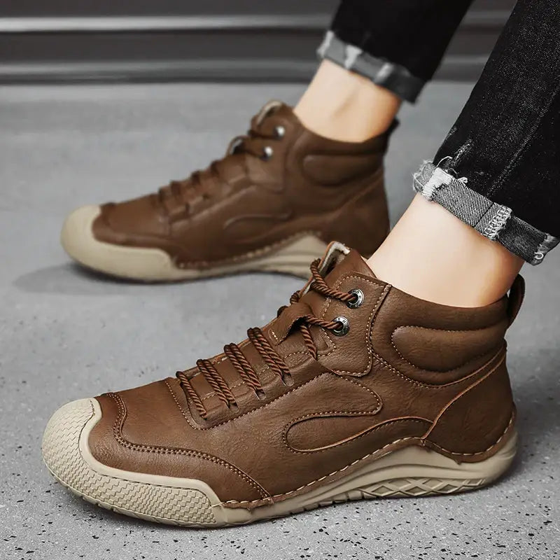 Garex erkek günlük, kahverengi deri yüksek topuklu sneakerlar, bağcık tasarımı