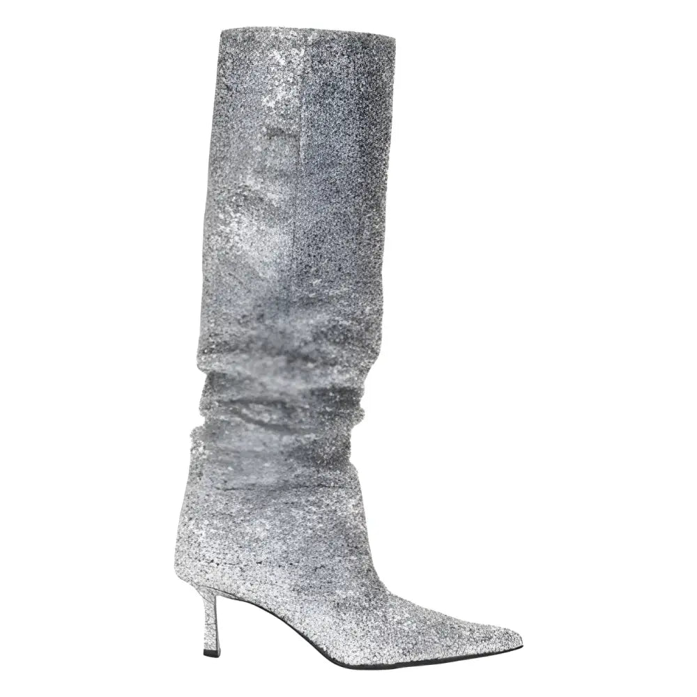 Sparkly gümüş Gelvaro diz boyu bot, sivri burun ve stiletto topuklu