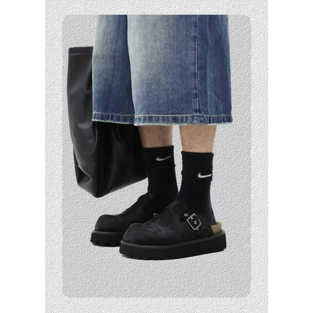 Meldor unisex terlik, çift toka kayışlı kaba siyah deri ayakkabılar