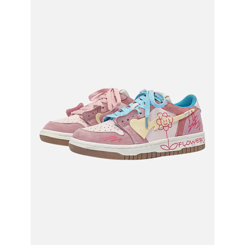 Melro kadın sneakers, pembe ve mavi çiçek desenli ayakkabılar, kontrast bağcıklar