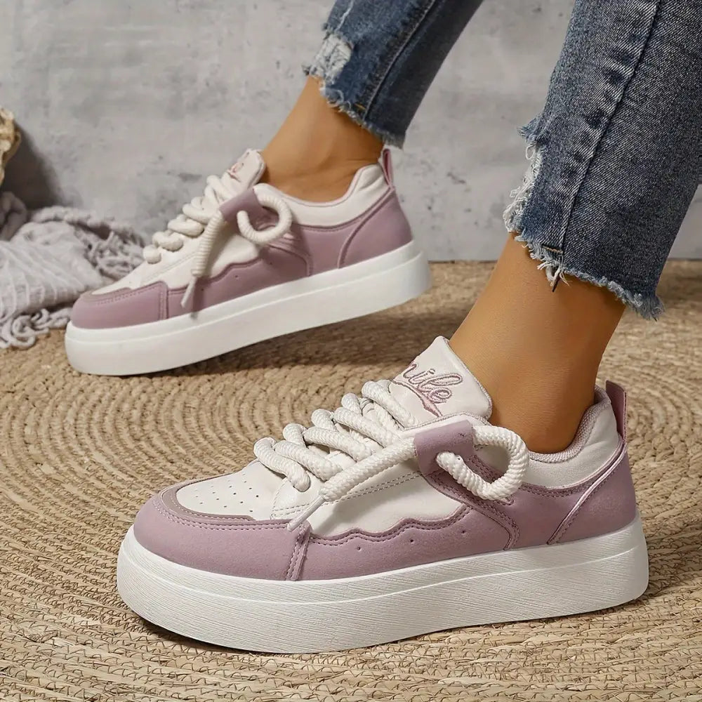 Solvia kadın sneaker, kalın tabanlı pembe ve beyaz platform spor ayakkabılar