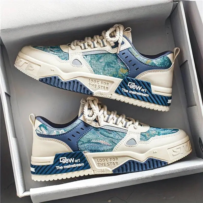 Mavi beyaz elitwalk Trek erkek sneakers, dokulu desen ve kalın tabanlı