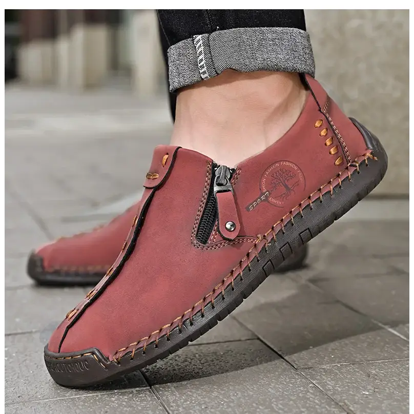 Vidon erkek loafer, yan fermuarlı ve dikiş detaylı kırmızı deri ayakkabı