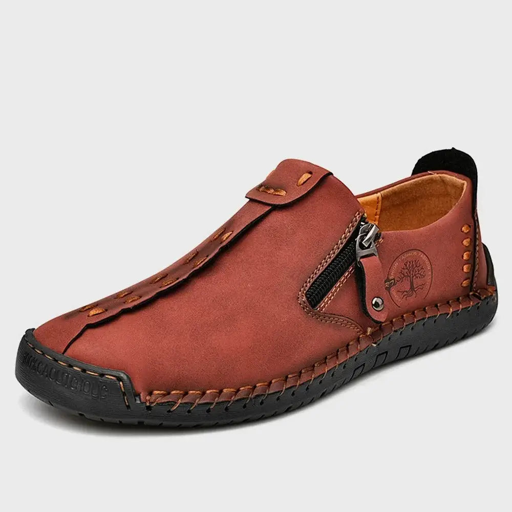 Reddish-brown Vidon erkek loafer with zipper and decorative stitching