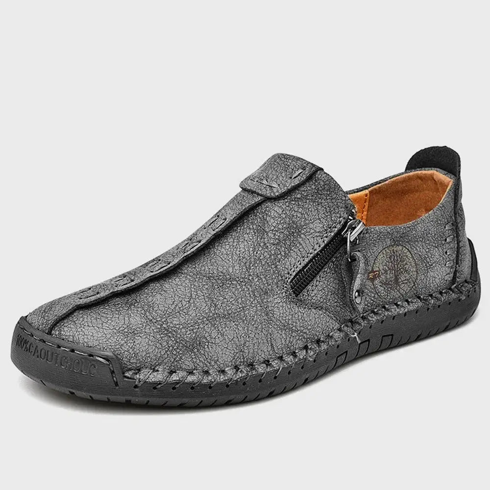 Vidon erkek loafer, gri deri kaydırma ayakkabı, moccasin dikişli ve yan fermuarlı