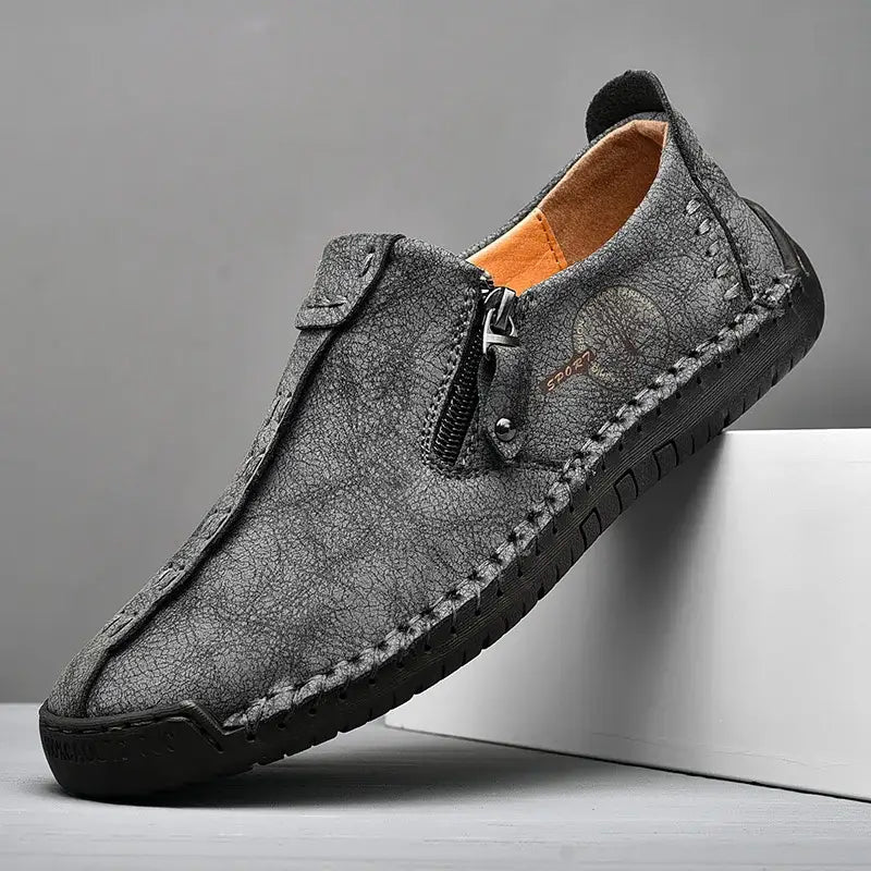 Vidon erkek loafer, gri deri fermuarlı and dikiş detaylı rahat ayakkabı