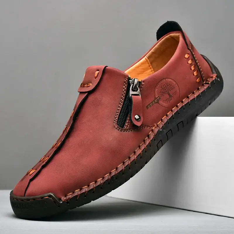 Burgonya deri Vidon erkek loafer, dekoratif dikiş ve yan fermuarlı tasarım