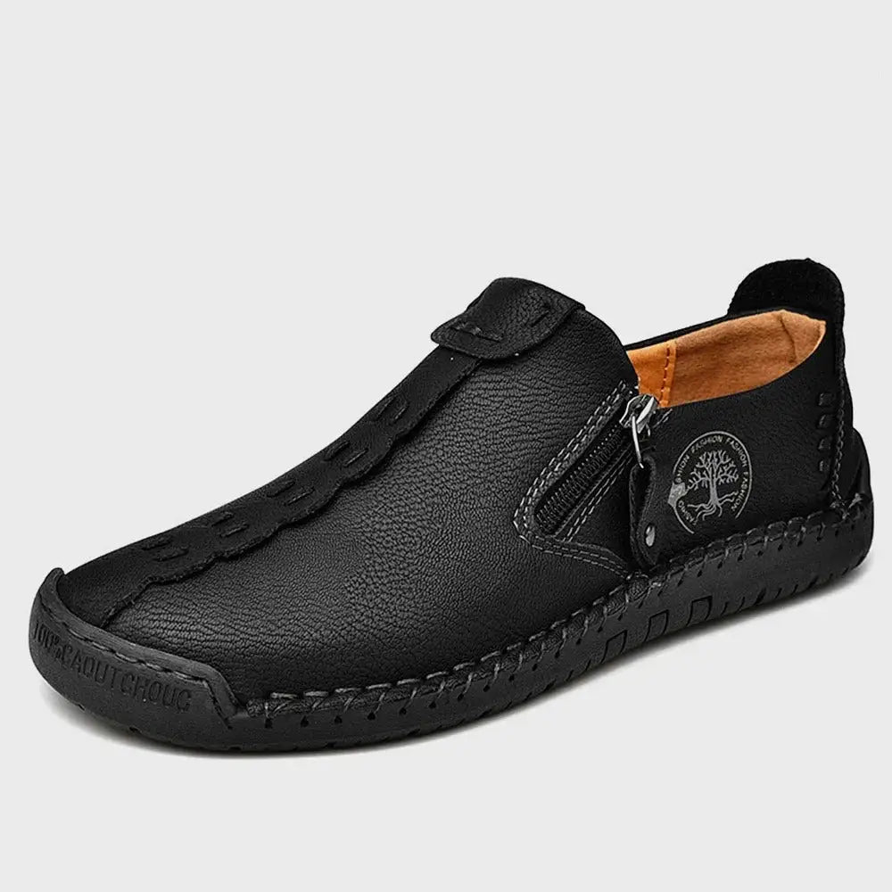 Vidon erkek loafer, siyah deri, dikiş tasarımı ve yan fermuarlı rahat ayakkabı