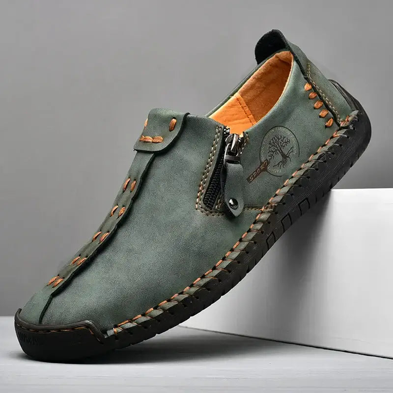 Vidon erkek loafer, dekoratif dikişli yeşil deri rahat terlik görseli