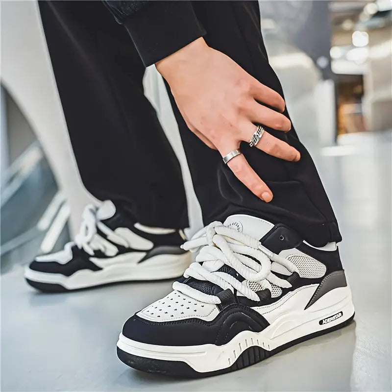 Zerina erkek sneaker, siyah beyaz retro tarzı, chunky taban ve ağ detayları ile