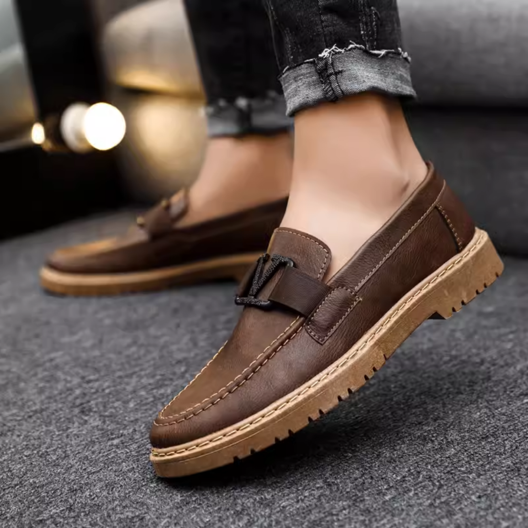 Brown leather loafer with chunky sole, decorative strap; Malten günlük ayakkabı