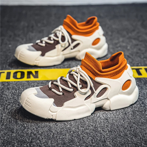 Nellis erkek spor ayakkabı, krem rengi tabanlı, kahverengi ve turuncu detaylı chunky sneakers