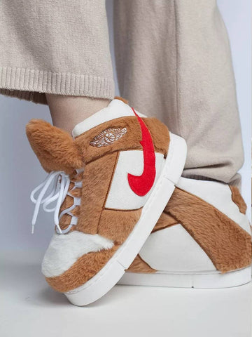 Brown peluş sneakers with fur and leather featuring red Nike swoosh in AIR FORCE 5 | Brown