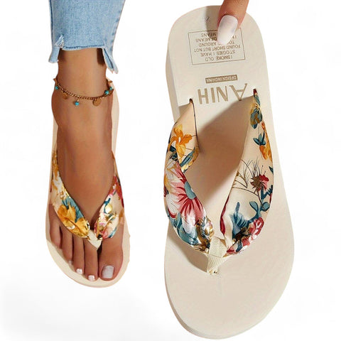 Floral desenli bej tabanlı Elitwalk Wedge kadın terlik, şık ve rahat sandal