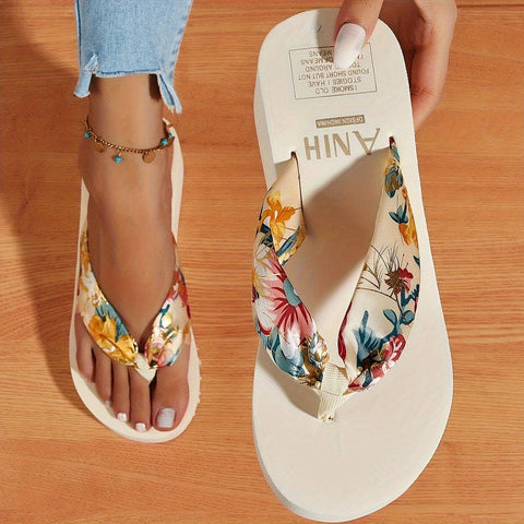 Kadın terlik elitwalk wedge kadın floral desenli flip-flop sandaletler beyaz tabanlı