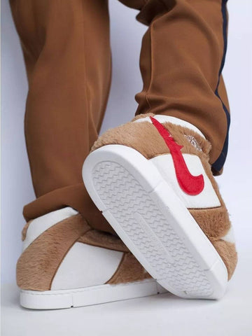 Brown peluş sneakers with red swoosh logo on sole, AIR FORCE 5 model in tan and white