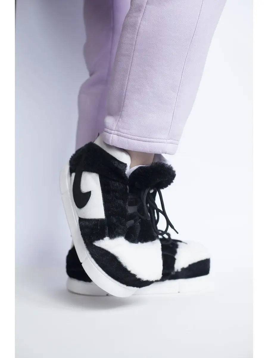 Siyah beyaz peluş kış botu, AIR NK 3 Panda, şık panda peluş sneakers tasarımı