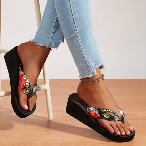 Floral desenli platform flip-flop sandaletler, Elitwalk Wedge kadın terlik