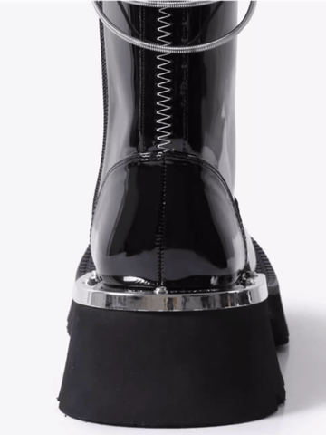 Drellin unisex bot, shiny black patent leather with chunky platform and visible zipper