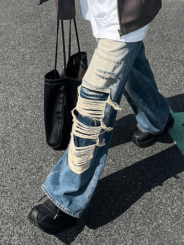 Veslin erkek heavily distressed mavi jeans with rips and fraying for modern style