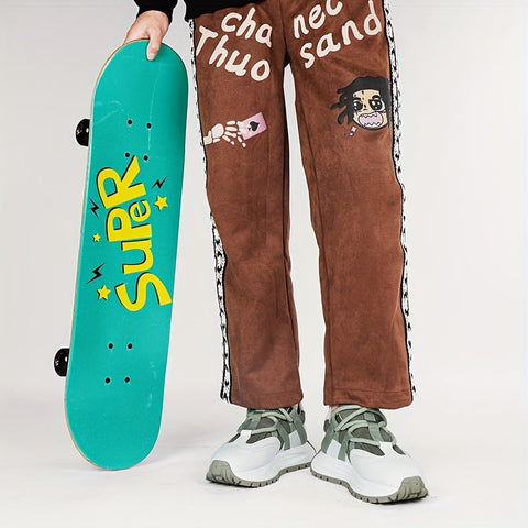 Teal Draxon skateboard deck with yellow SURF text and brown cartoon patch pants