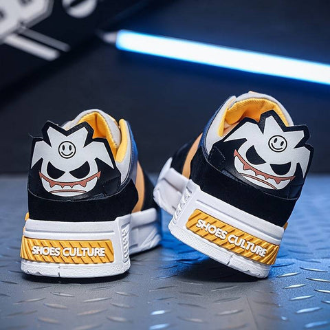 Maverick erkek sneakers with cartoon husky faces and özgün tasarımı in black, white, and yellow