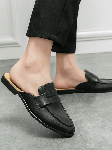 Jorlen erkek terlik, siyah deri slip-on mule loafer, vamp üzerinde penni detaylı