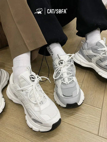 Balden unisex spor ayakkabı, beyaz ve gri kalın tabanlı chunky sneakers