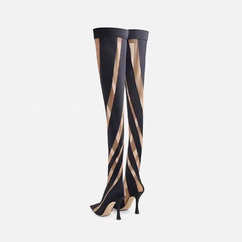 Belrino topuklu kadın bot, siyah stiletto topuklu ve bej diyagonal desenli