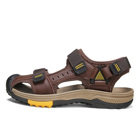 Brown leather Velmir erkek sandalet with adjustable straps and rugged sole