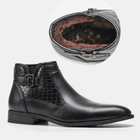 Crocodile-detailed Morlan erkek bot with buckle, sophisticated black leather ankle boot