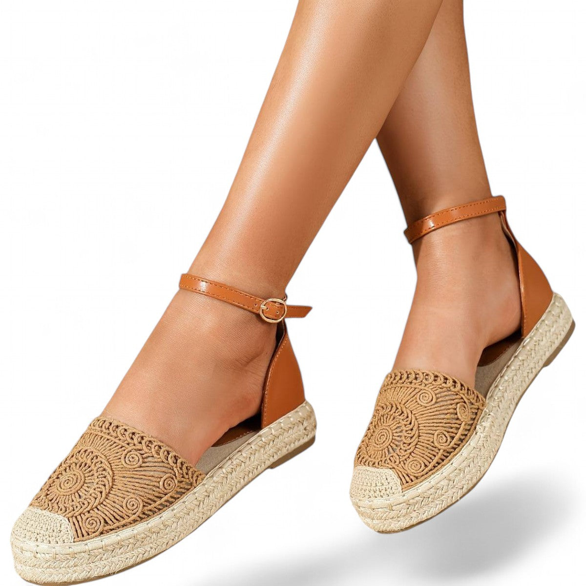 Tan espadrille Bliss kadın sandalet with ankle straps and decorative embroidery