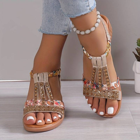 Gold floral embellished T-strap sandals Barbara, gün boyu şıklık için ideal