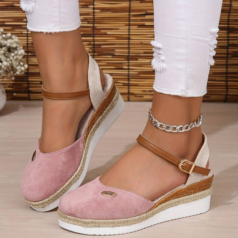 Pembe süet wedge sandaletler, elitwalk Starlet kadın model, espadril tabanlı