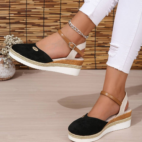 Elitwalk Starlet kadın sandalet, bilek askılı siyah/bej espadril wedge ayakkabılar