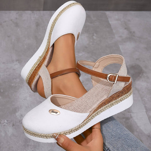 Beyaz wedge sandal, kahverengi bilek bağı ve espadril tarzı detayla Starlet kadın sandalet