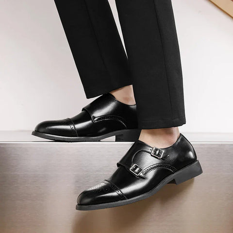 Shiny black leather dress shoes with buckle straps from Reldon Rugan erkek ayakkabı