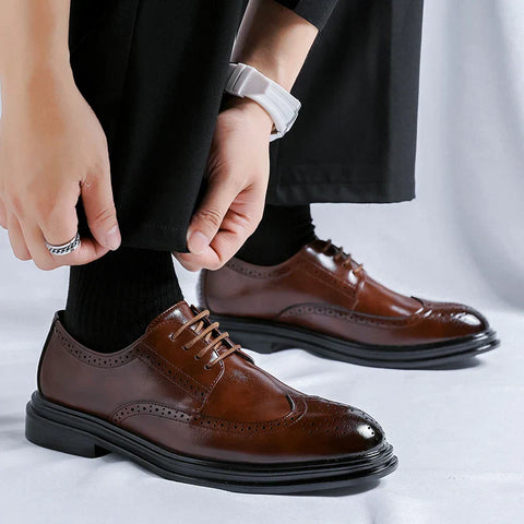 Polished brown leather wingtip dress shoe Melcor Rugan erkek with brogue detailing