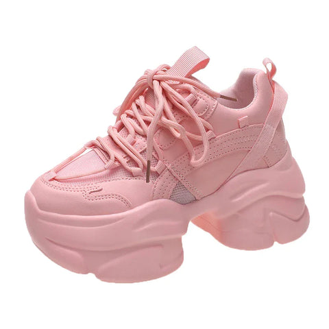 Floraya kadın yüksek tabanlı pembe chunky platform sneaker kalın taban ve bağcıklarla