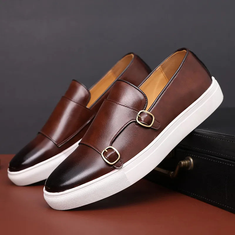 Darmis erkek günlük kahverengi deri monk strap ayakkabı beyaz tabanla