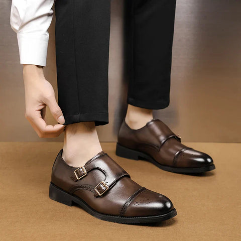 Reldon Rugan erkek ayakkabı, kahverengi deri çift monk strap klasik ayakkabılar